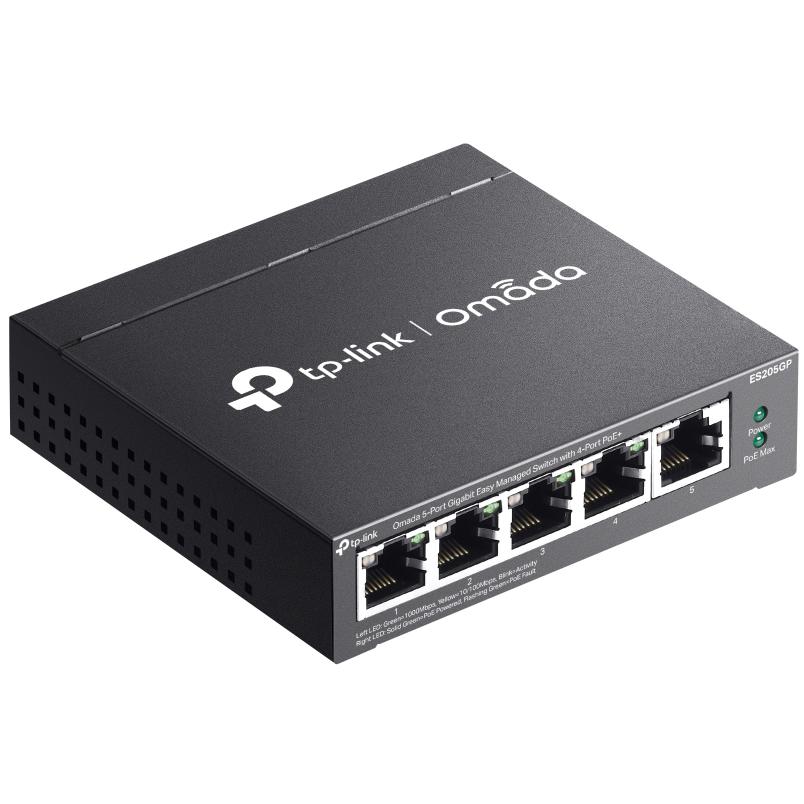 A large main feature product image of TP-Link Omada ES205GP - 5-Port Gigabit Easy Managed Switch with 4-Port PoE+