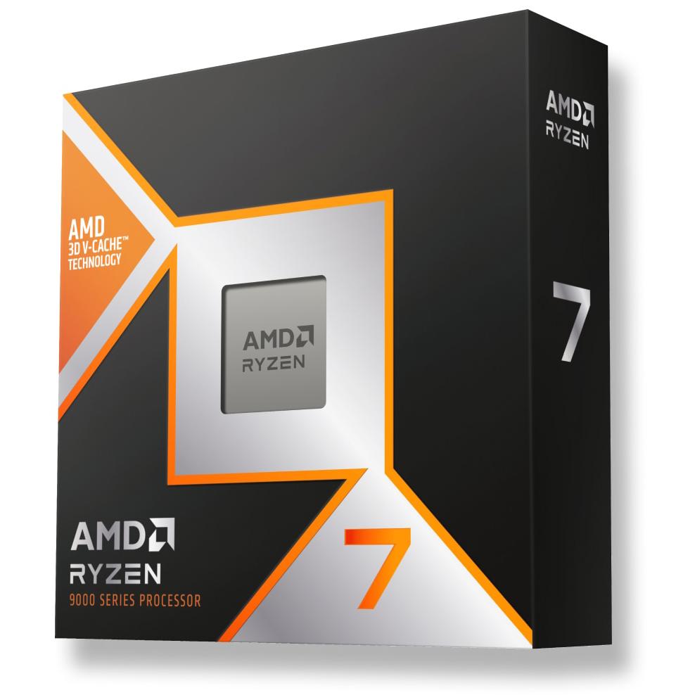 A large main feature product image of AMD Ryzen 7 9800X3D 8 Core 16 Thread Up to 5.20GHz AM5 - No HSF Retail Box