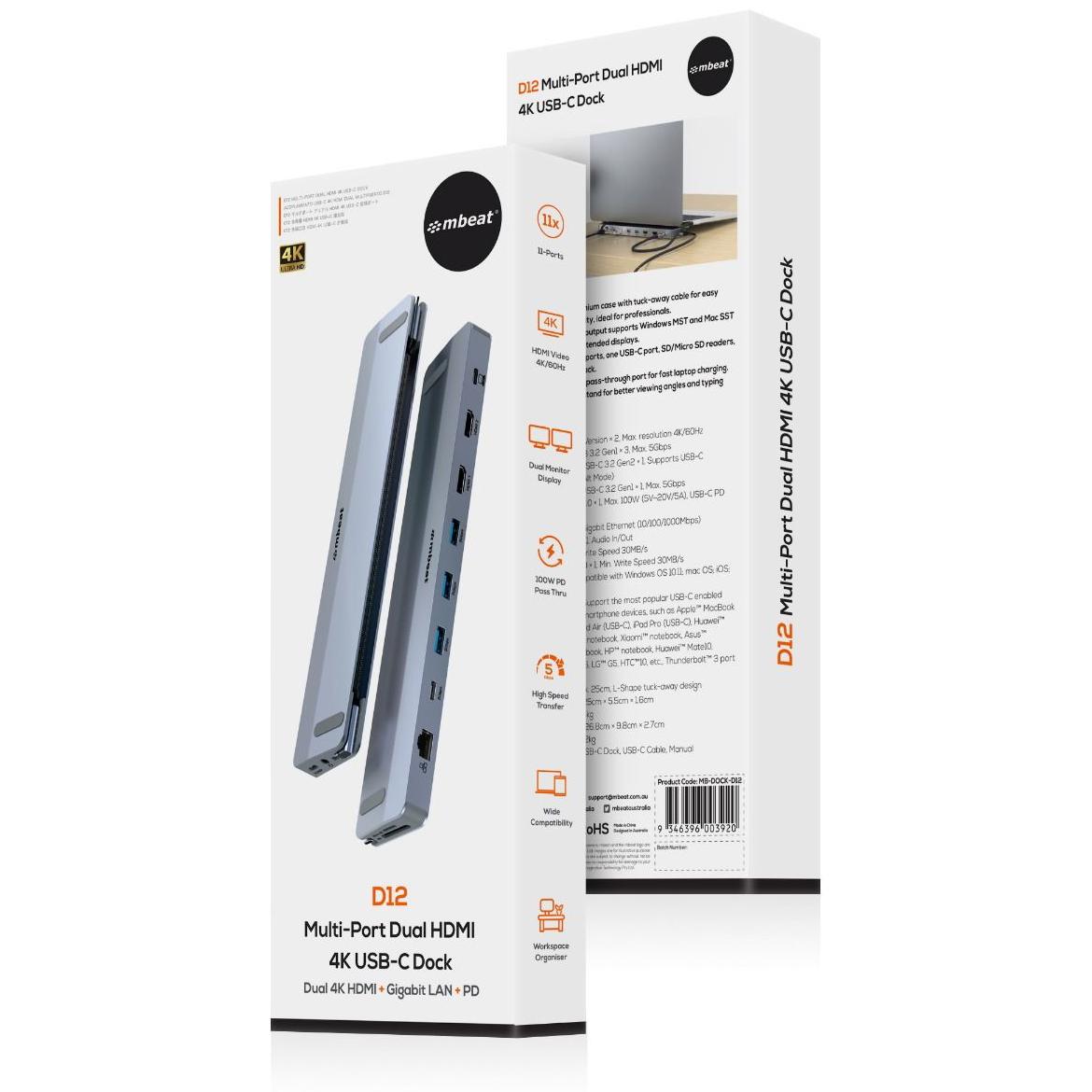 A large main feature product image of mbeat D12 Multi-Port Dual HDMI 4K USB-C Dock