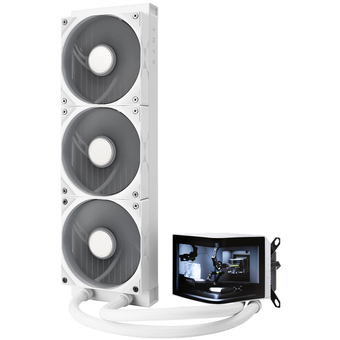 A large main feature product image of TRYX PANORAMA OLED - 360mm AIO Liquid CPU Cooler with 3D Display (White)