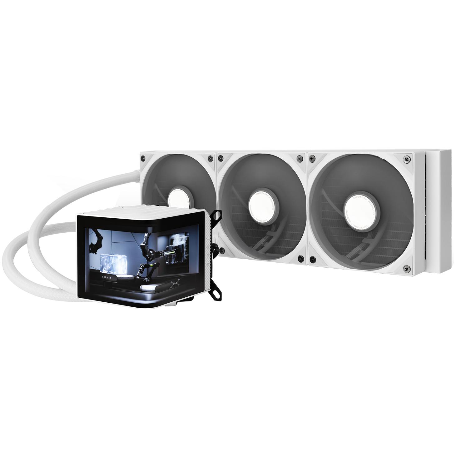 A large main feature product image of TRYX PANORAMA OLED - 360mm AIO Liquid CPU Cooler with 3D Display (White)