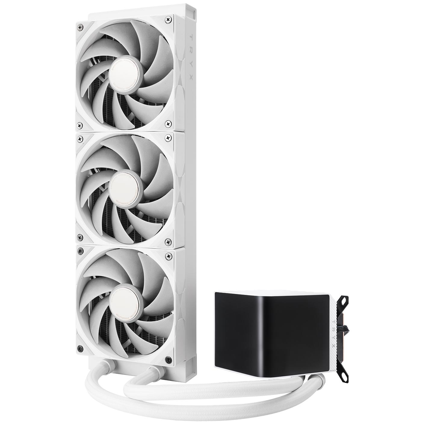 A large main feature product image of TRYX PANORAMA OLED - 360mm AIO Liquid CPU Cooler with 3D Display (White)