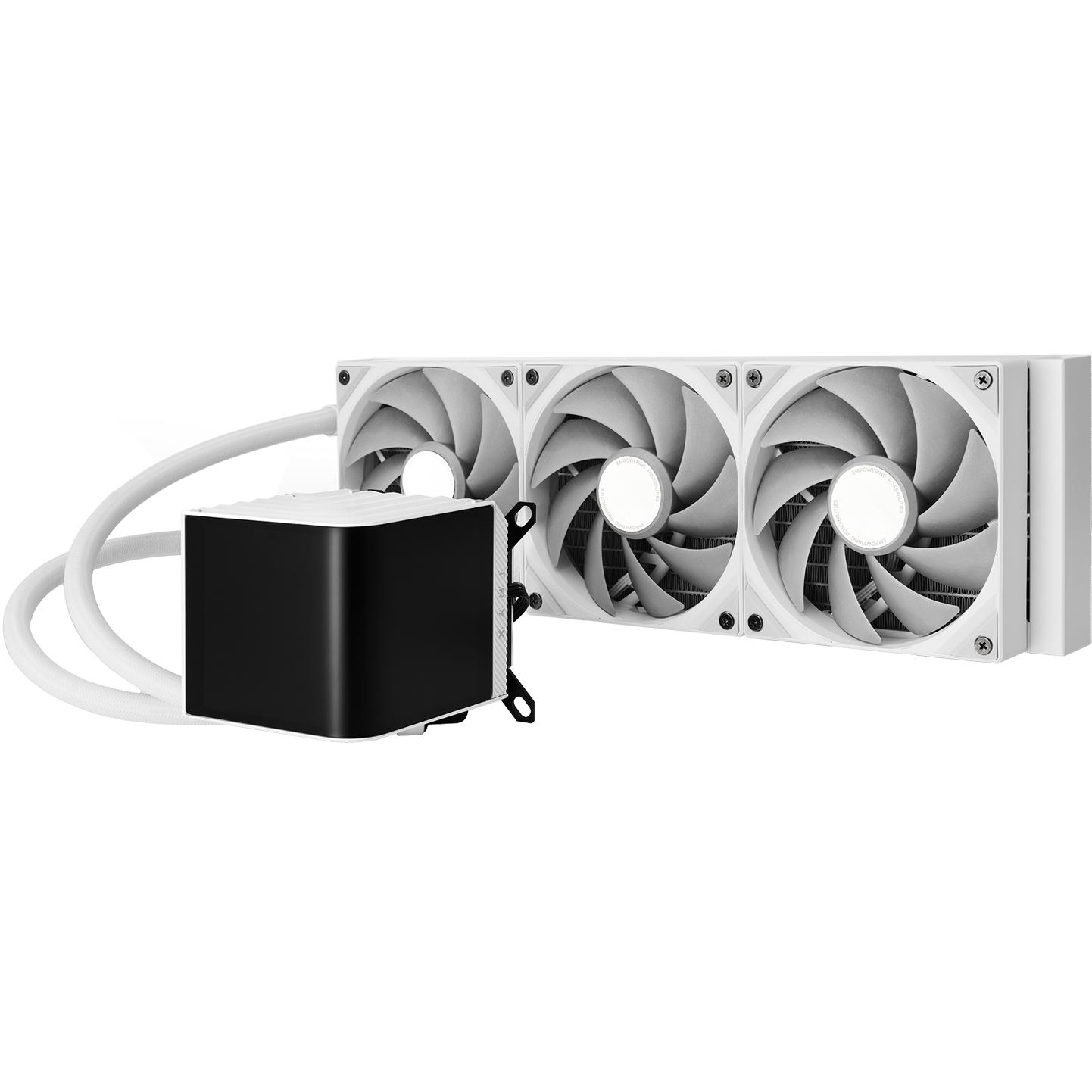 A large main feature product image of TRYX PANORAMA OLED - 360mm AIO Liquid CPU Cooler with 3D Display (White)