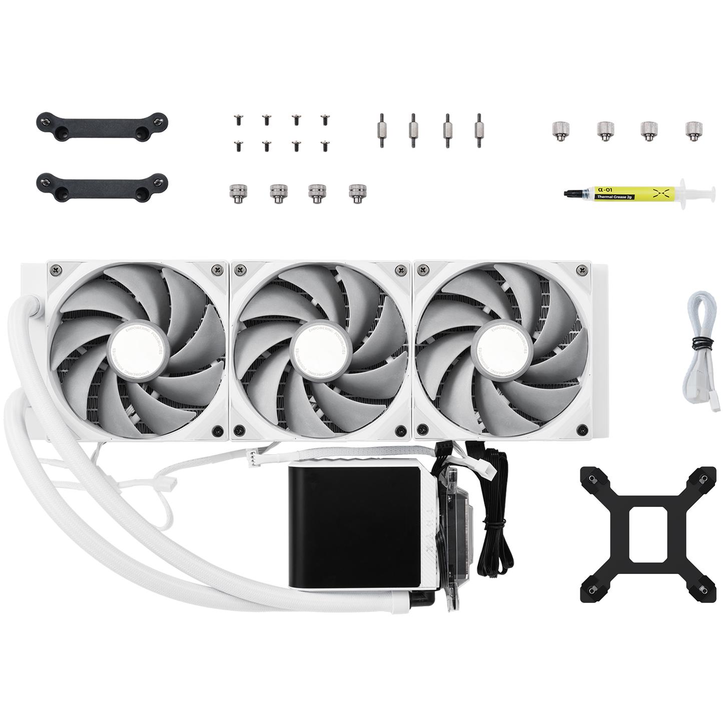 A large main feature product image of TRYX PANORAMA OLED - 360mm AIO Liquid CPU Cooler with 3D Display (White)