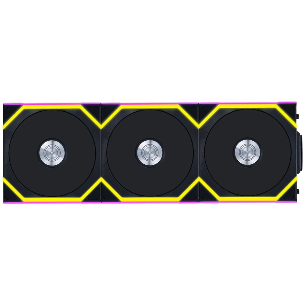 A large main feature product image of Lian Li UNI FAN SL120 Wireless - 120mm Reverse Blade Modular Fan 3-Pack w/ Controller (Black)