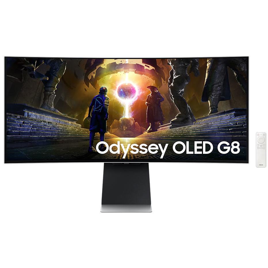 A large main feature product image of Samsung Odyssey OLED G8 - 34" Curved 1440p 175Hz OLED Gaming Monitor
