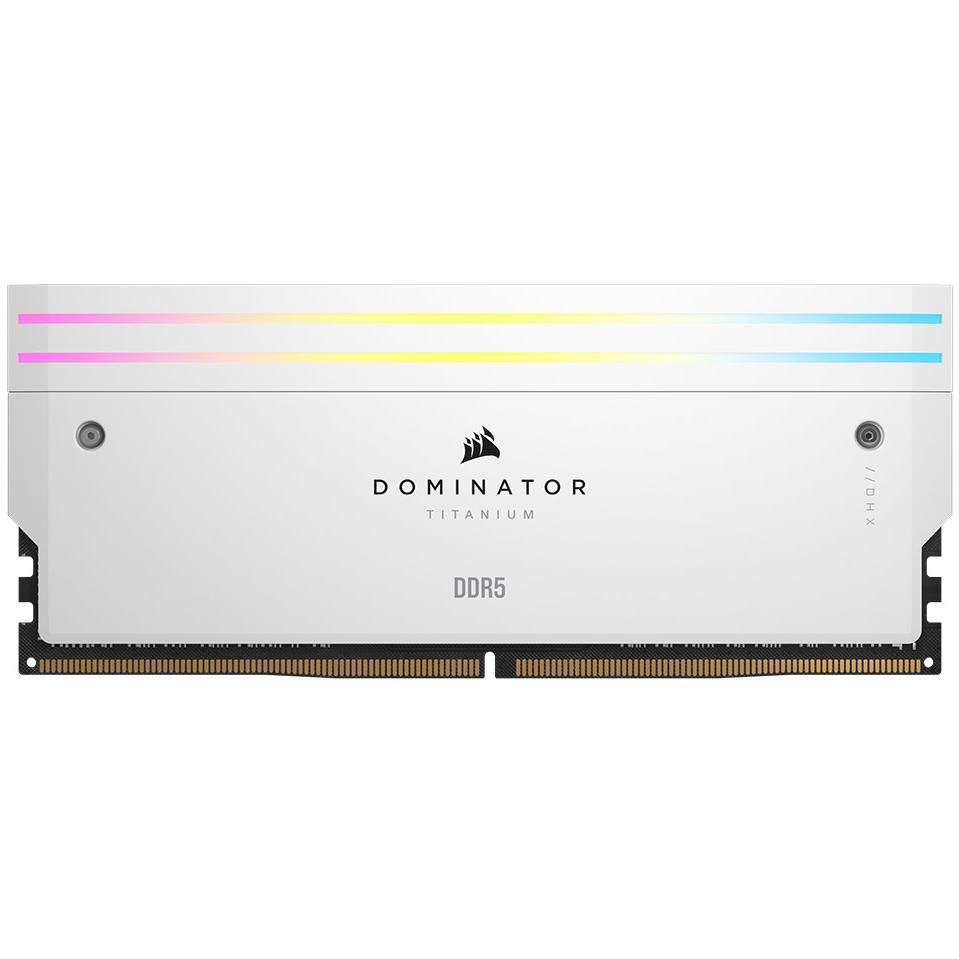 A large main feature product image of Corsair Dominator Titanium RGB 32GB Kit (2x16GB) XMP DDR5-6000 C30 (White)