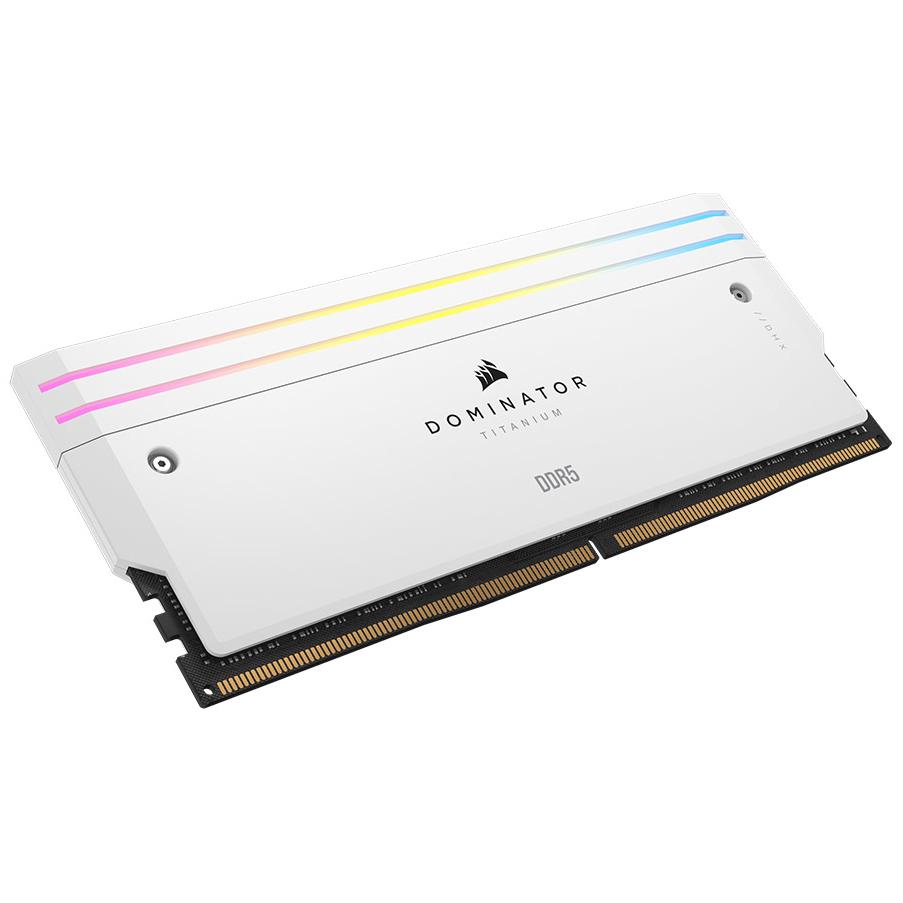 A large main feature product image of Corsair Dominator Titanium RGB 32GB Kit (2x16GB) XMP DDR5-6000 C30 (White)