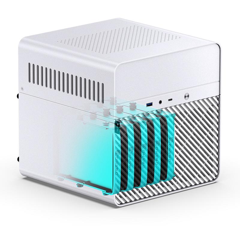 A large main feature product image of Jonsbo N2 - SFF 11L Mini-ITX 5-Bay NAS Case (White)