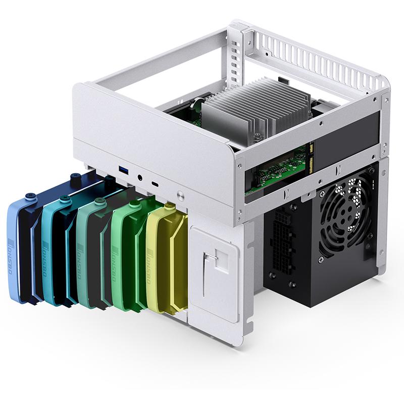 A large main feature product image of Jonsbo N2 - SFF 11L Mini-ITX 5-Bay NAS Case (White)