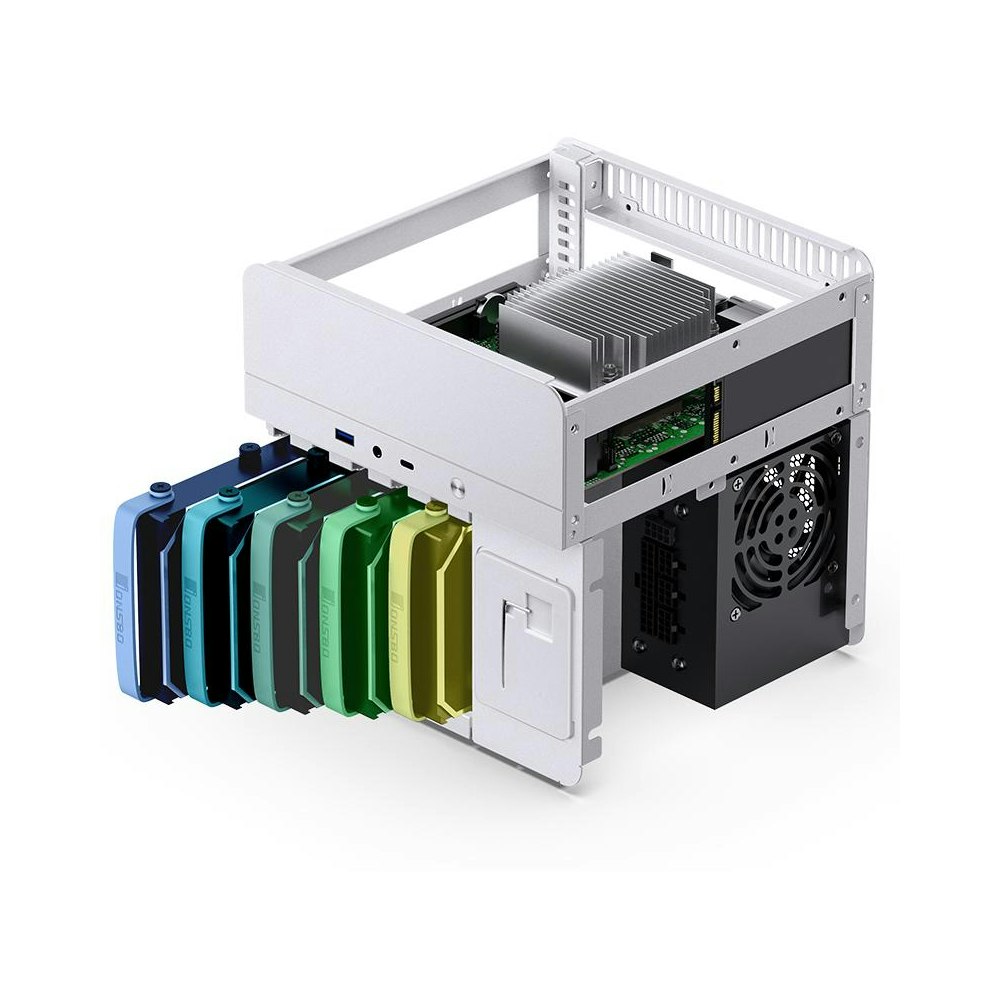 A large main feature product image of Jonsbo N2 - SFF 11L Mini-ITX 5-Bay NAS Case (White)
