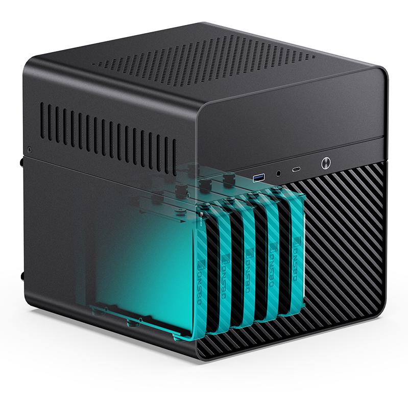 A large main feature product image of Jonsbo N2 - SFF 11L Mini-ITX 5-Bay NAS Case (Black)