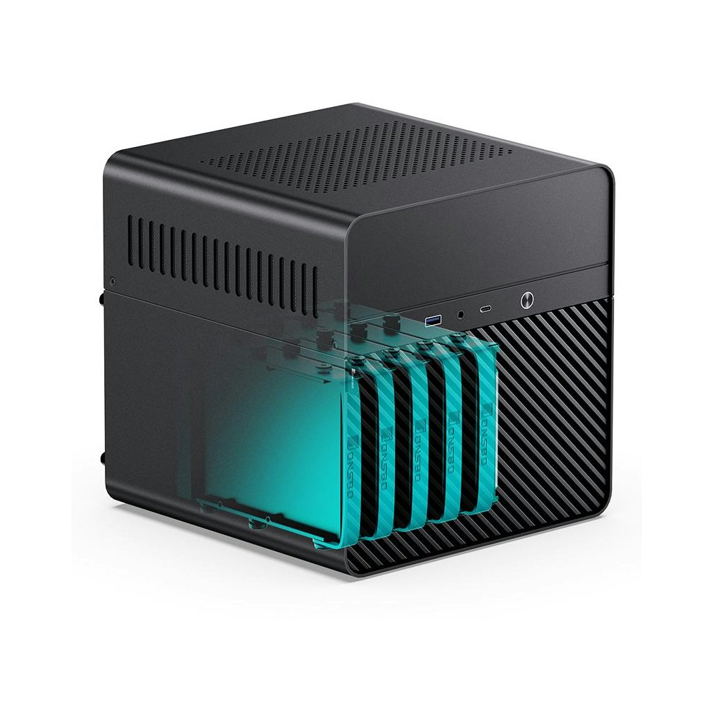 A large main feature product image of Jonsbo N2 - SFF 11L Mini-ITX 5-Bay NAS Case (Black)
