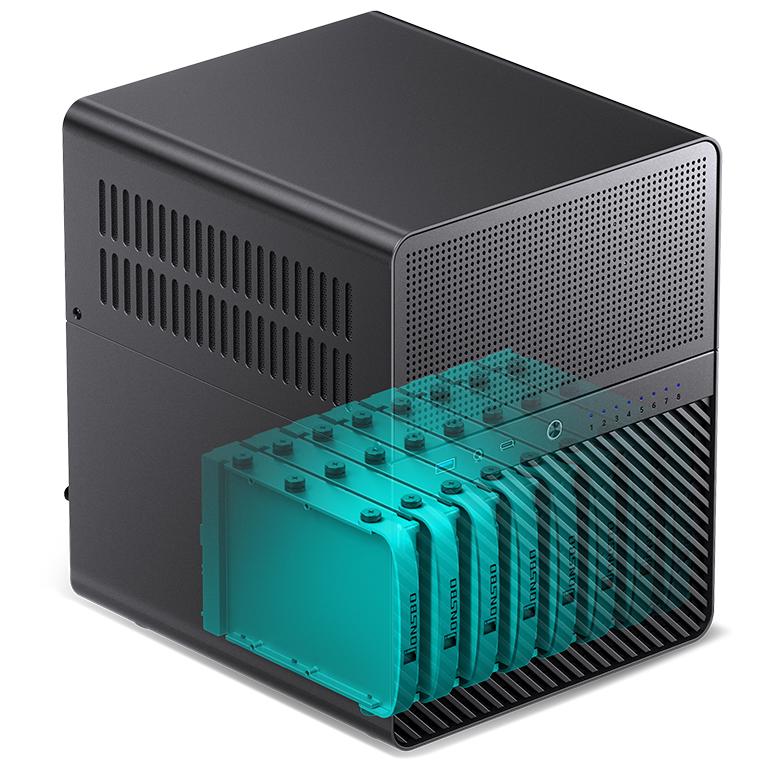 A large main feature product image of Jonsbo N3 - SFF 18L Mini-ITX 8-Bay NAS Case (Black)