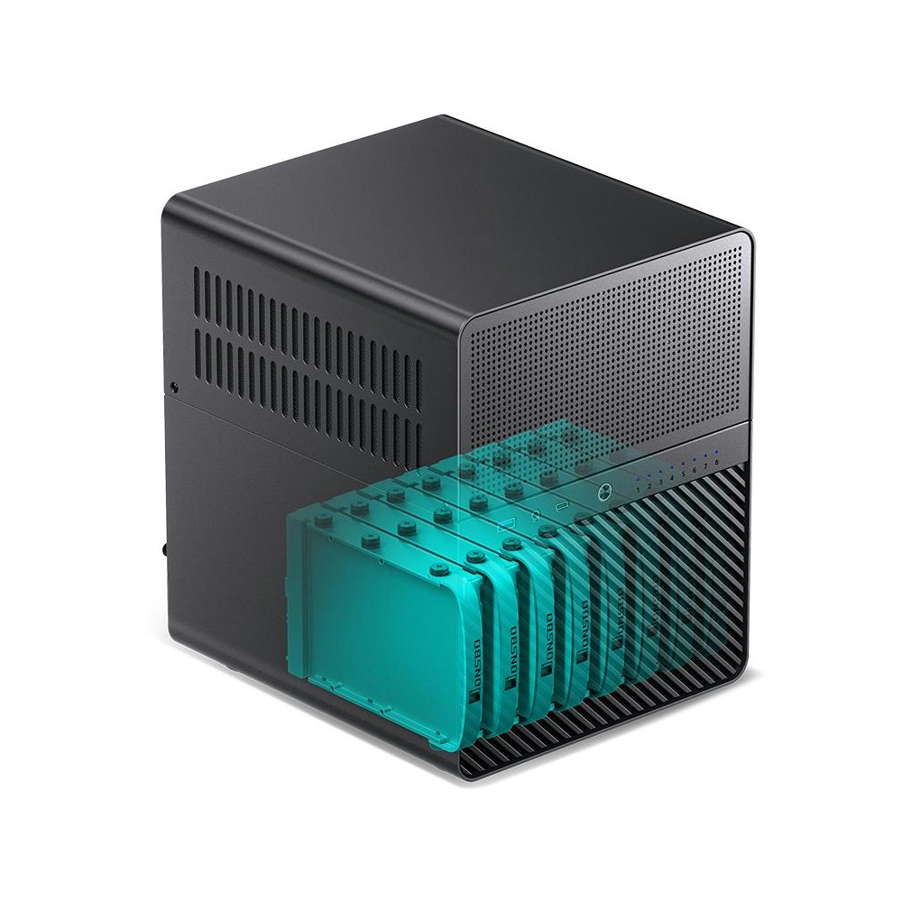 A large main feature product image of Jonsbo N3 - SFF 18L Mini-ITX 8-Bay NAS Case (Black)
