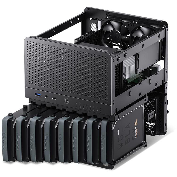 A large main feature product image of Jonsbo N3 - SFF 18L Mini-ITX 8-Bay NAS Case (Black)
