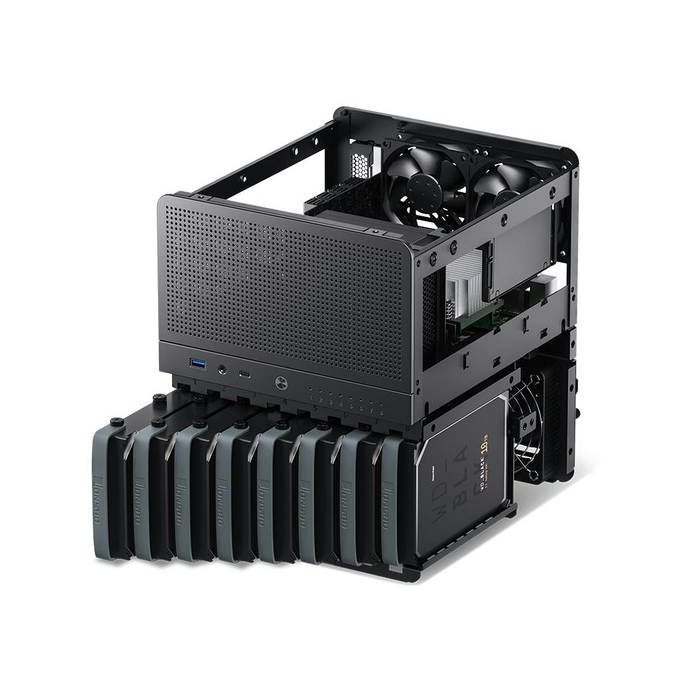 A large main feature product image of Jonsbo N3 - SFF 18L Mini-ITX 8-Bay NAS Case (Black)