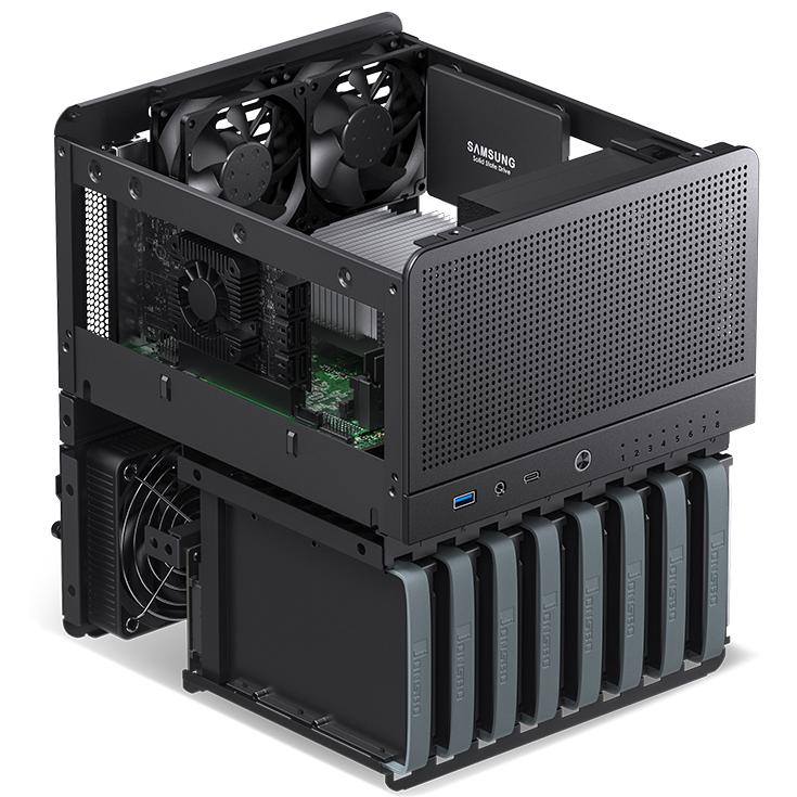 A large main feature product image of Jonsbo N3 - SFF 18L Mini-ITX 8-Bay NAS Case (Black)