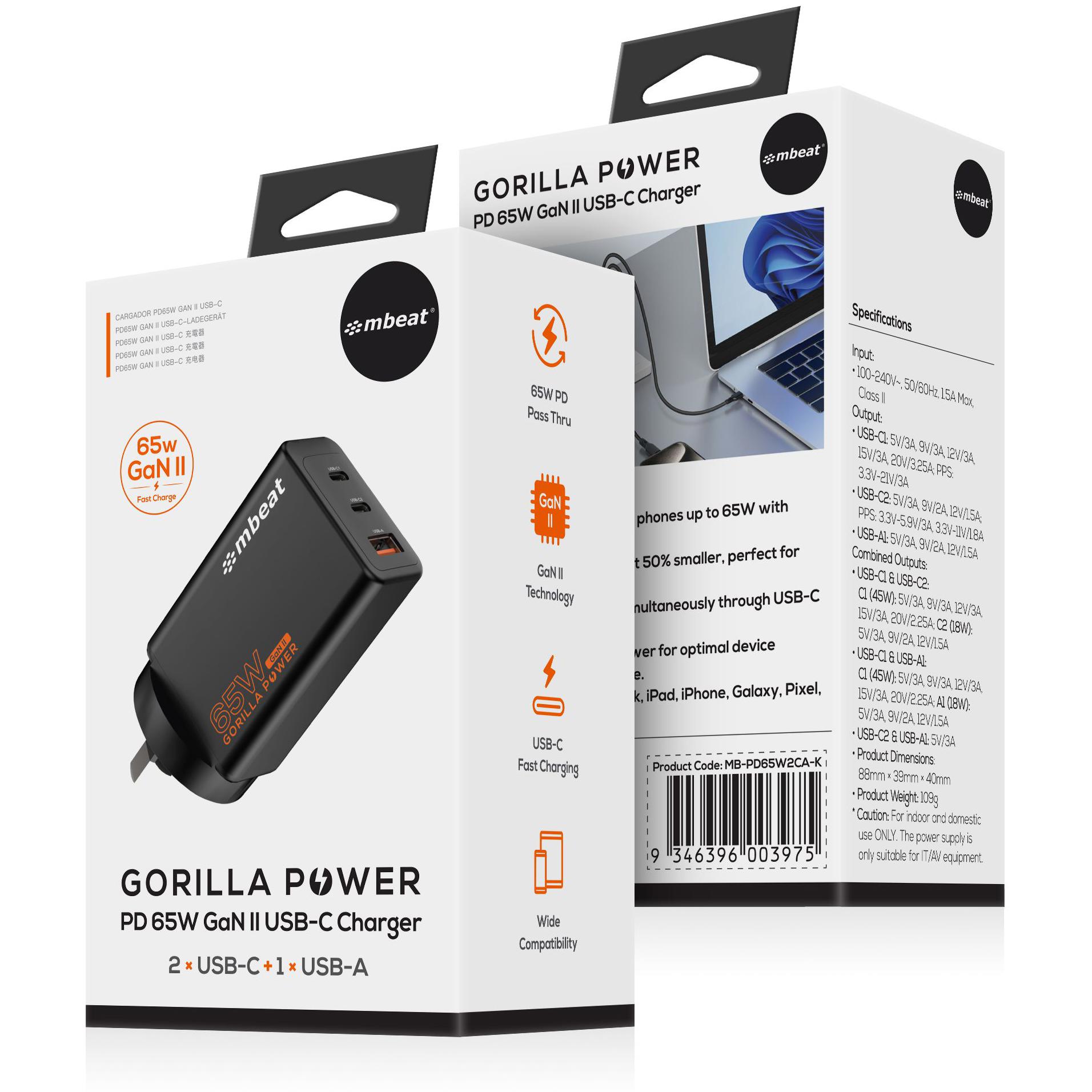 A large main feature product image of mbeat Gorilla Power PD 65W GaN II USB-C Charger -2 x USB-C + USB-A