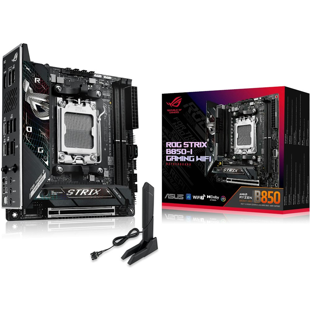 A large main feature product image of ASUS ROG Strix B850-I Gaming WiFi AM5 Mini-ITX Desktop Motherboard