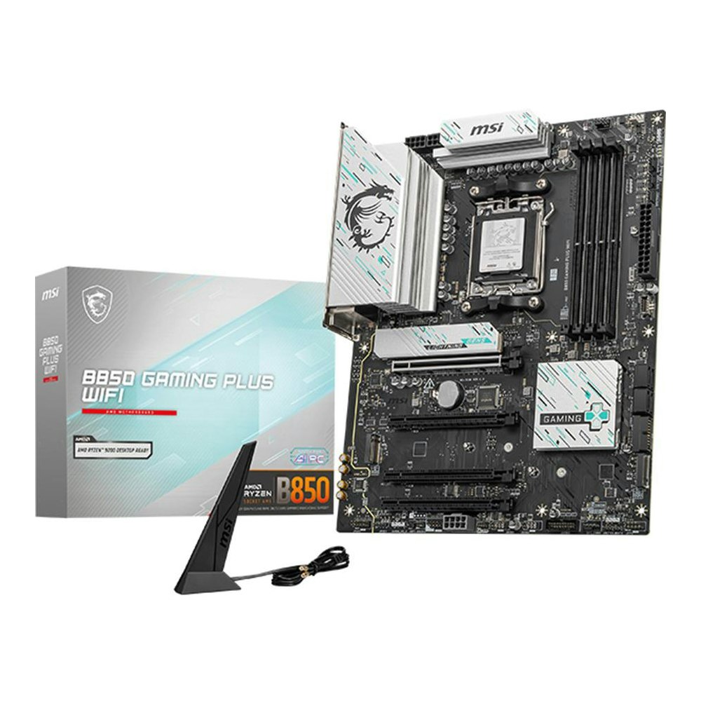 A large main feature product image of MSI B850 Gaming Plus WiFi AM5 ATX Desktop Motherboard
