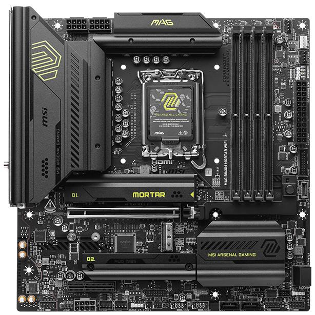 A large main feature product image of MSI MAG B860M Mortar WiFi LGA1851 mATX Desktop Motherboard