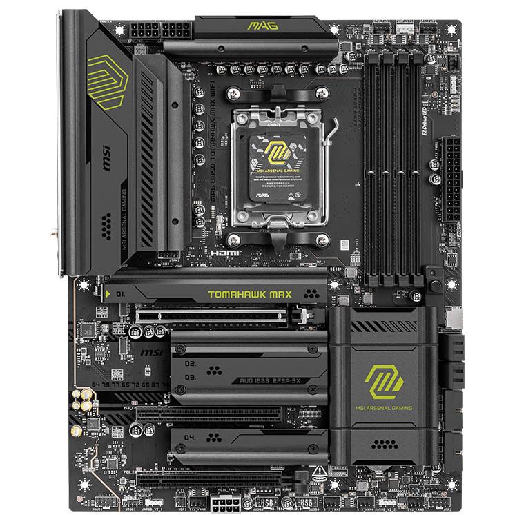 A large main feature product image of MSI B850 Tomahawk Max WiFi AM5 ATX Desktop Motherboard