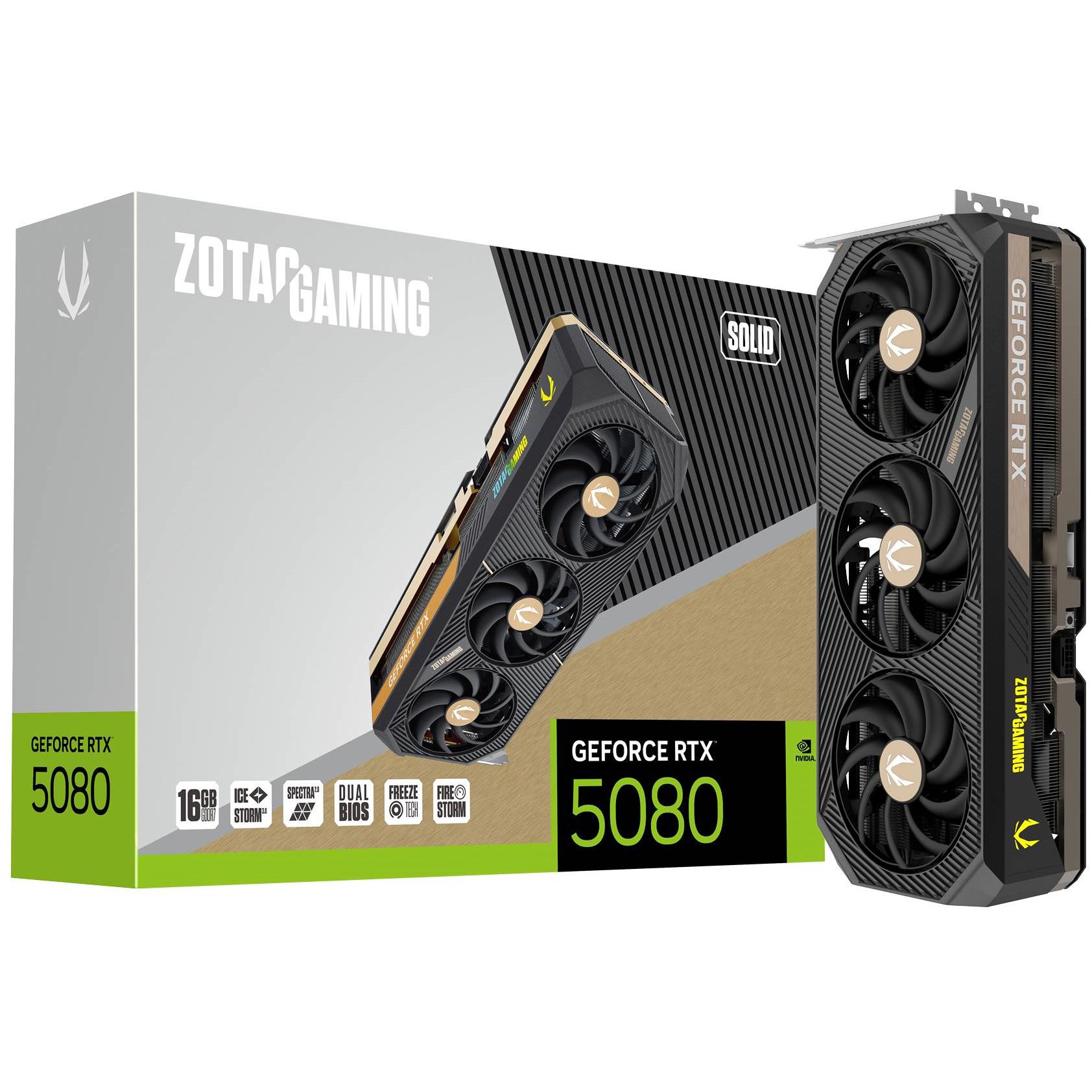 A large main feature product image of ZOTAC Gaming GeForce RTX 5080 Solid 16GB GDDR7