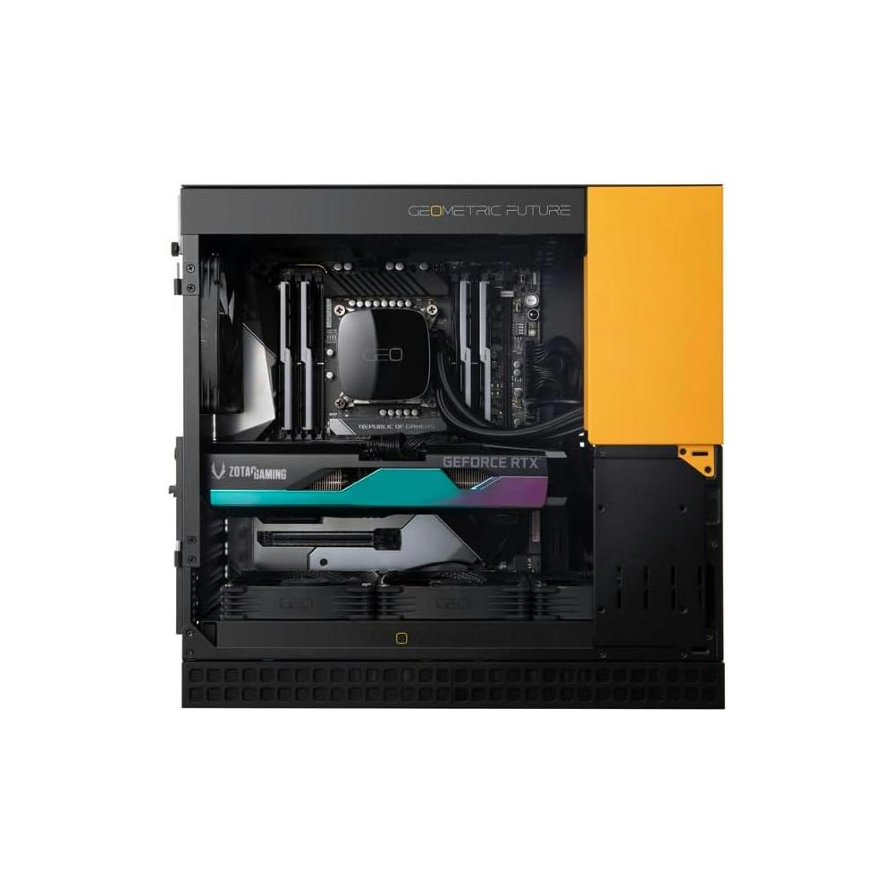A large main feature product image of Geometric Future Model 4 - Compact 35L Mid Tower eATX Case (Black/Yellow)