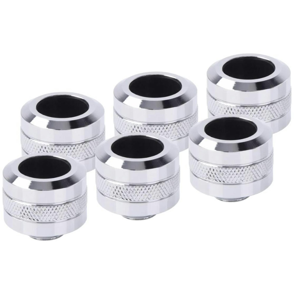 A large main feature product image of Alphacool Eiszapfen PRO G1/4" 16mm Hard Tube Compression Fitting 6-Pack (Chrome)