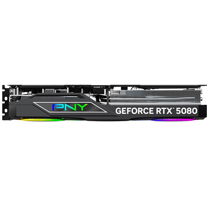 A large main feature product image of PNY GeForce RTX 5080 ARGB EPIC-X RGB OC 16GB
