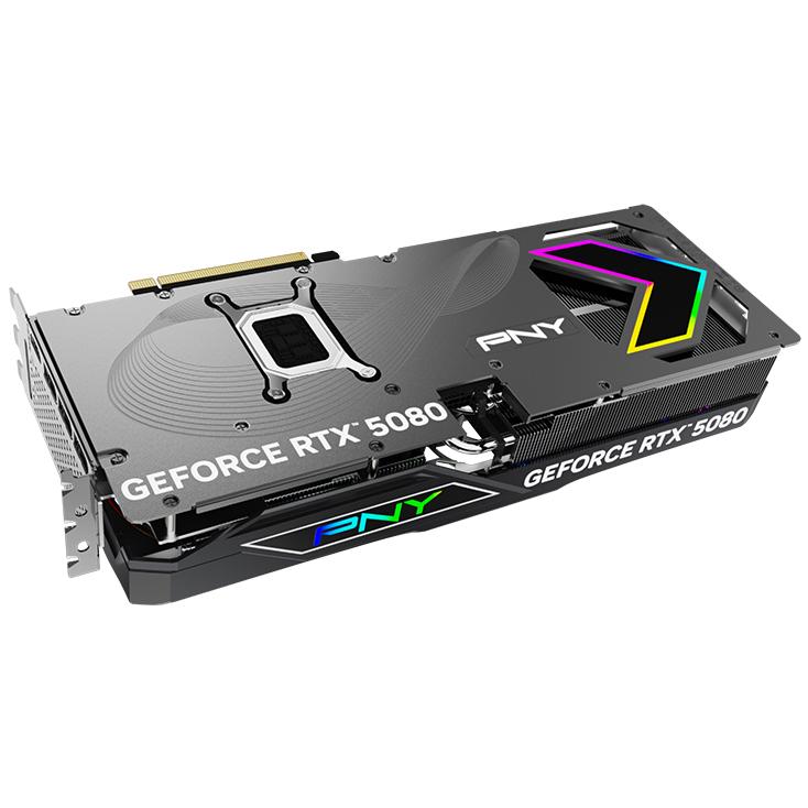 A large main feature product image of PNY GeForce RTX 5080 ARGB EPIC-X RGB OC 16GB