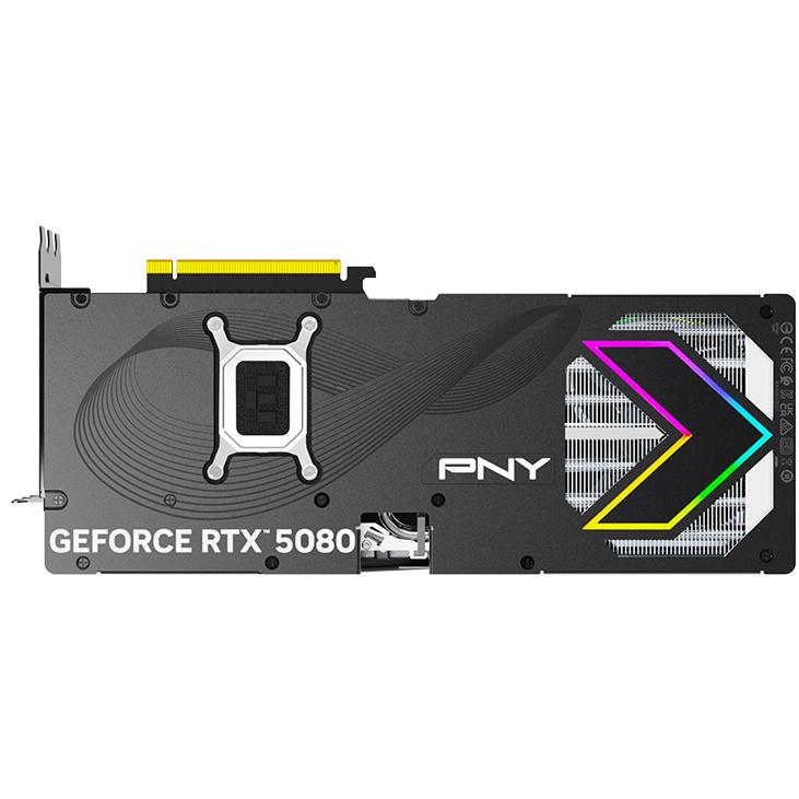 A large main feature product image of PNY GeForce RTX 5080 ARGB EPIC-X RGB OC 16GB