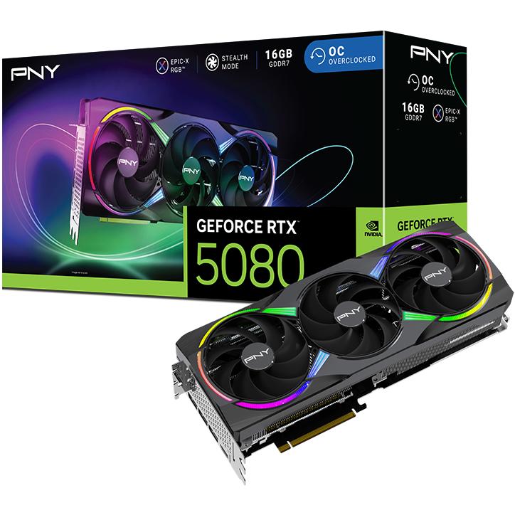 A large main feature product image of PNY GeForce RTX 5080 ARGB EPIC-X RGB OC 16GB