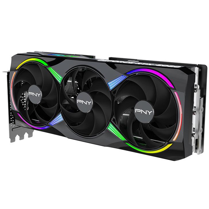 A large main feature product image of PNY GeForce RTX 5080 ARGB EPIC-X RGB OC 16GB
