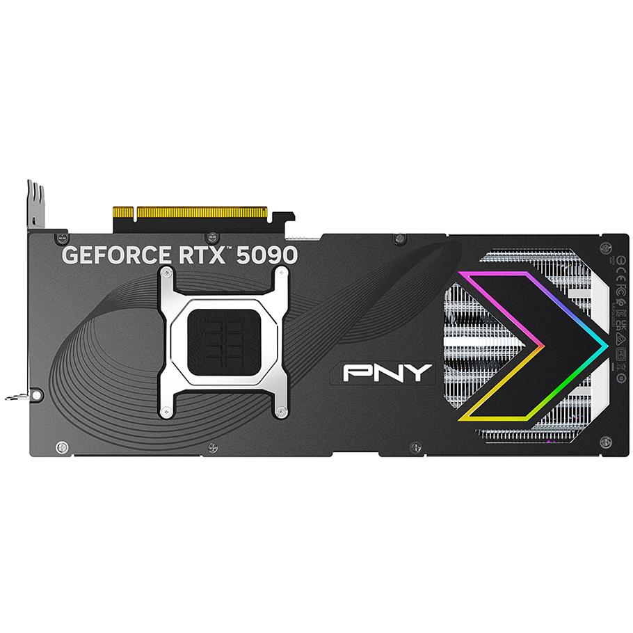 A large main feature product image of PNY GeForce RTX 5090 ARGB EPIC-X RGB OC 32GB GDDR7