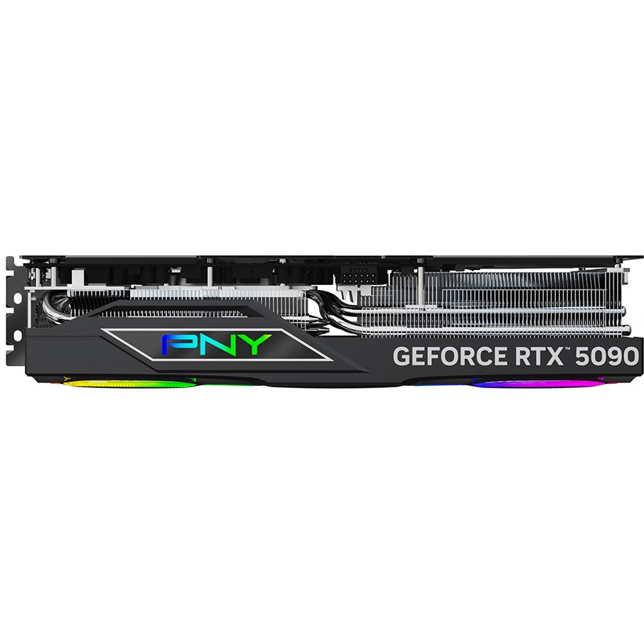 A large main feature product image of PNY GeForce RTX 5090 ARGB EPIC-X RGB OC 32GB GDDR7