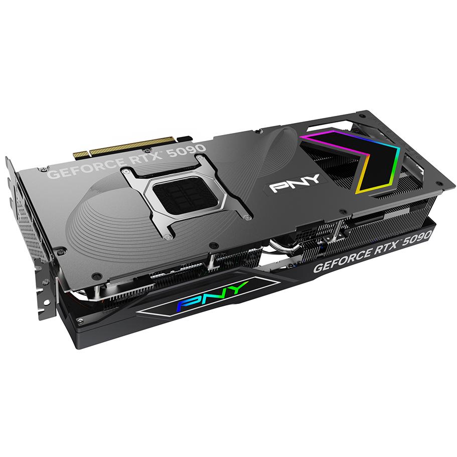 A large main feature product image of PNY GeForce RTX 5090 ARGB EPIC-X RGB OC 32GB GDDR7