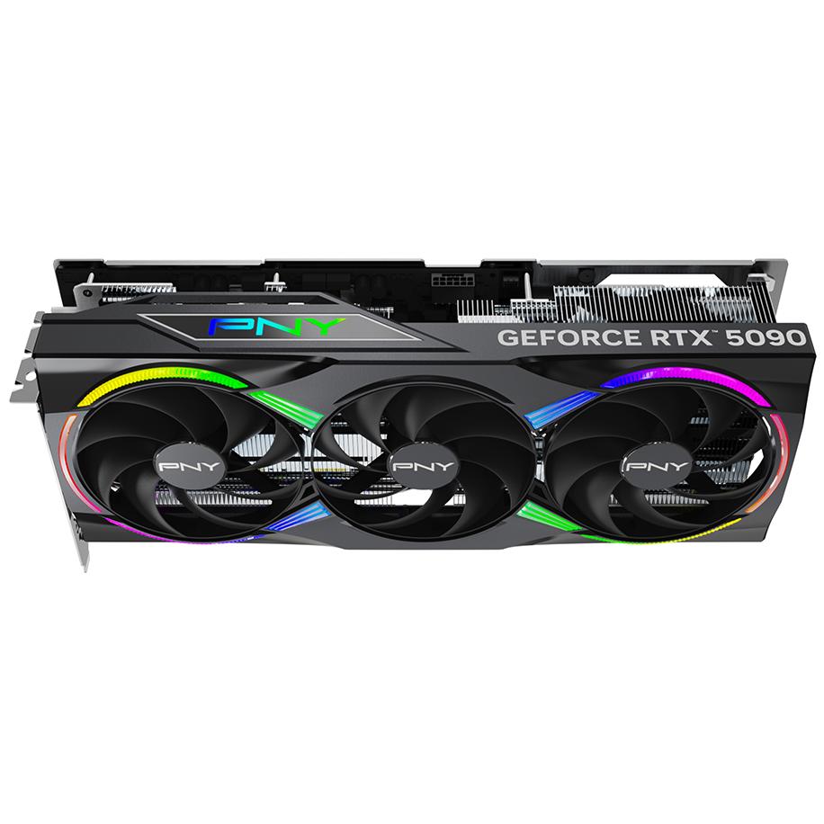 A large main feature product image of PNY GeForce RTX 5090 ARGB EPIC-X RGB OC 32GB GDDR7