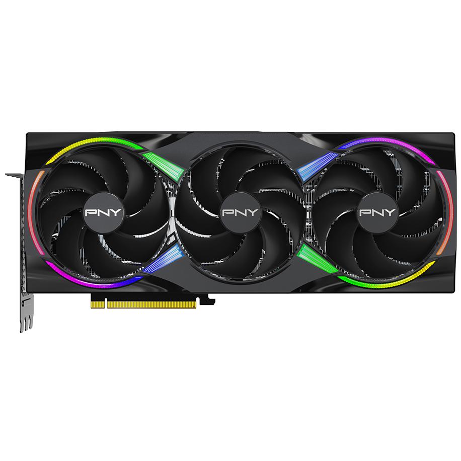 A large main feature product image of PNY GeForce RTX 5090 ARGB EPIC-X RGB OC 32GB GDDR7