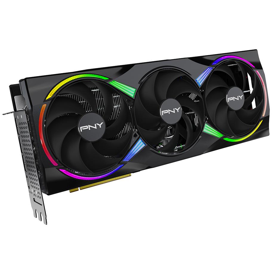 A large main feature product image of PNY GeForce RTX 5090 ARGB EPIC-X RGB OC 32GB GDDR7