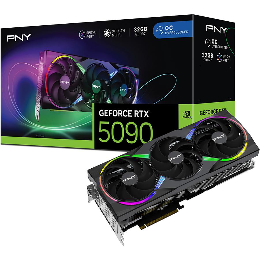 A large main feature product image of PNY GeForce RTX 5090 ARGB EPIC-X RGB OC 32GB GDDR7