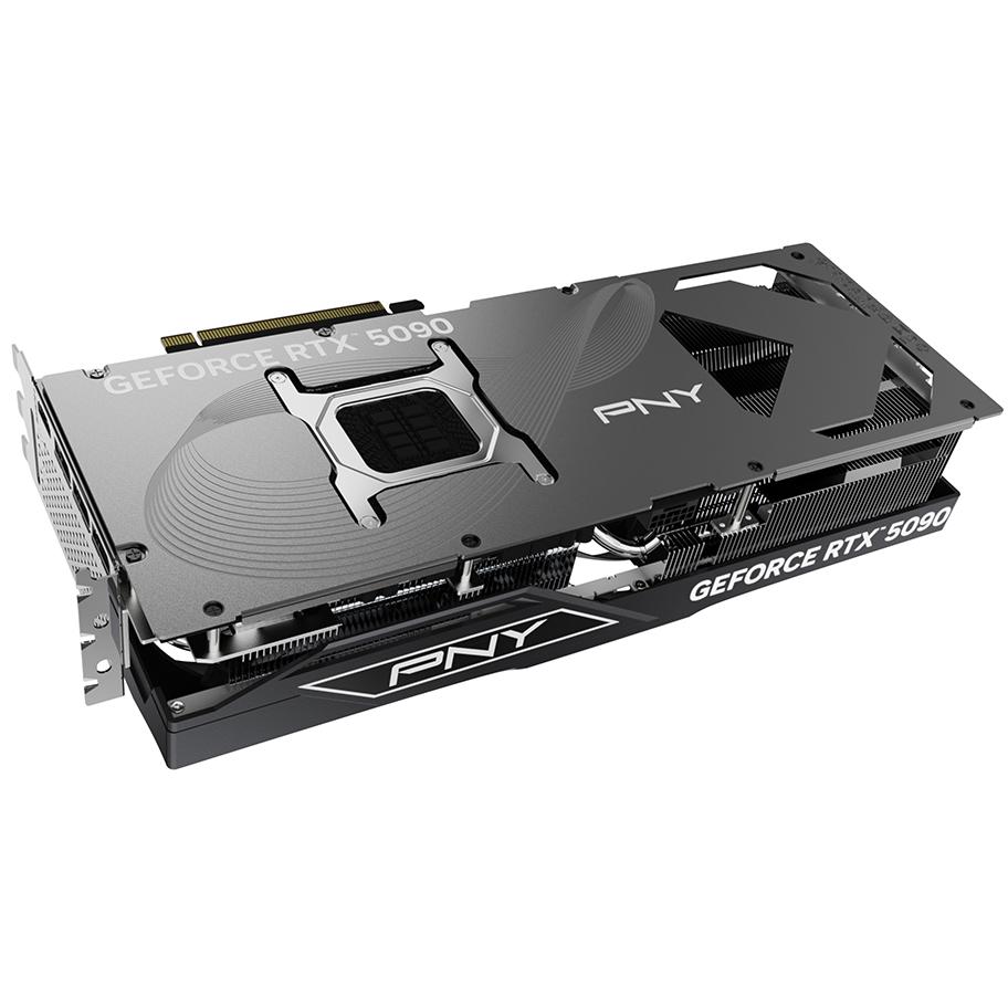 A large main feature product image of PNY GeForce RTX 5090 Triple Fan OC 32GB GDDR7