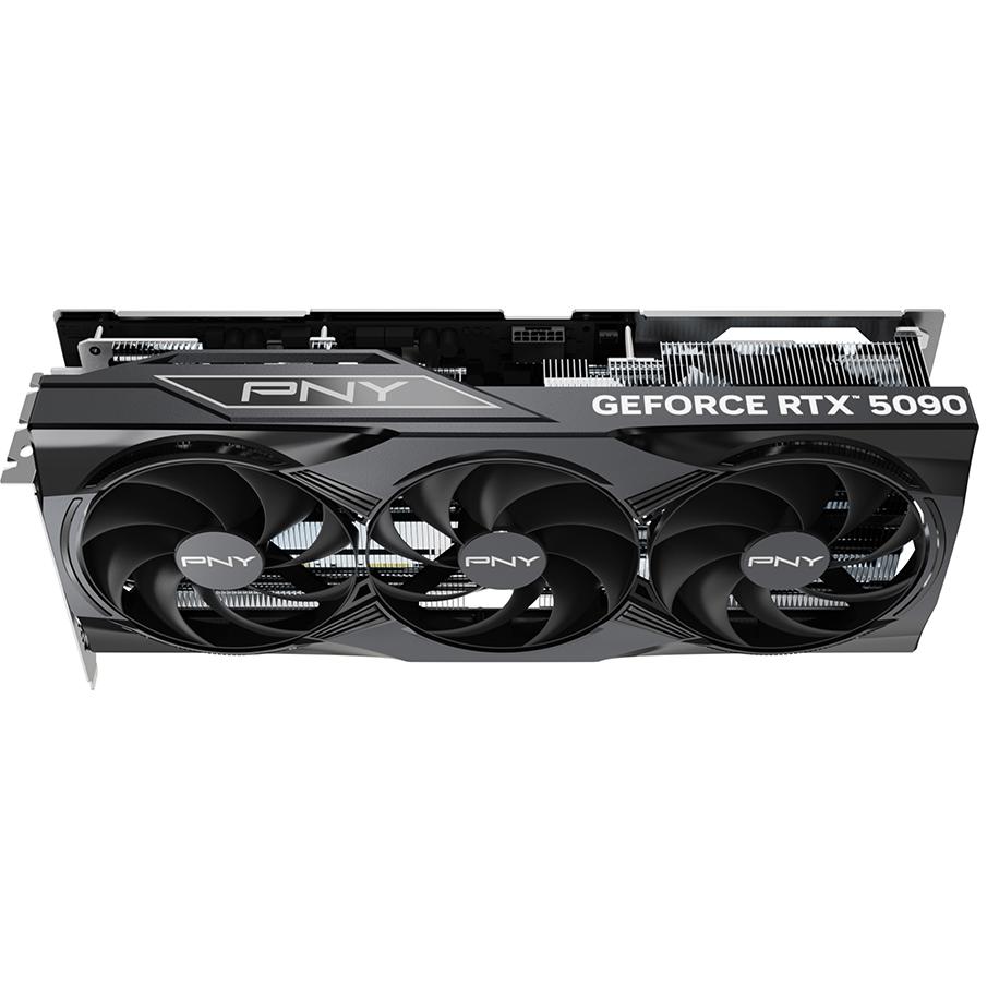 A large main feature product image of PNY GeForce RTX 5090 Triple Fan OC 32GB GDDR7