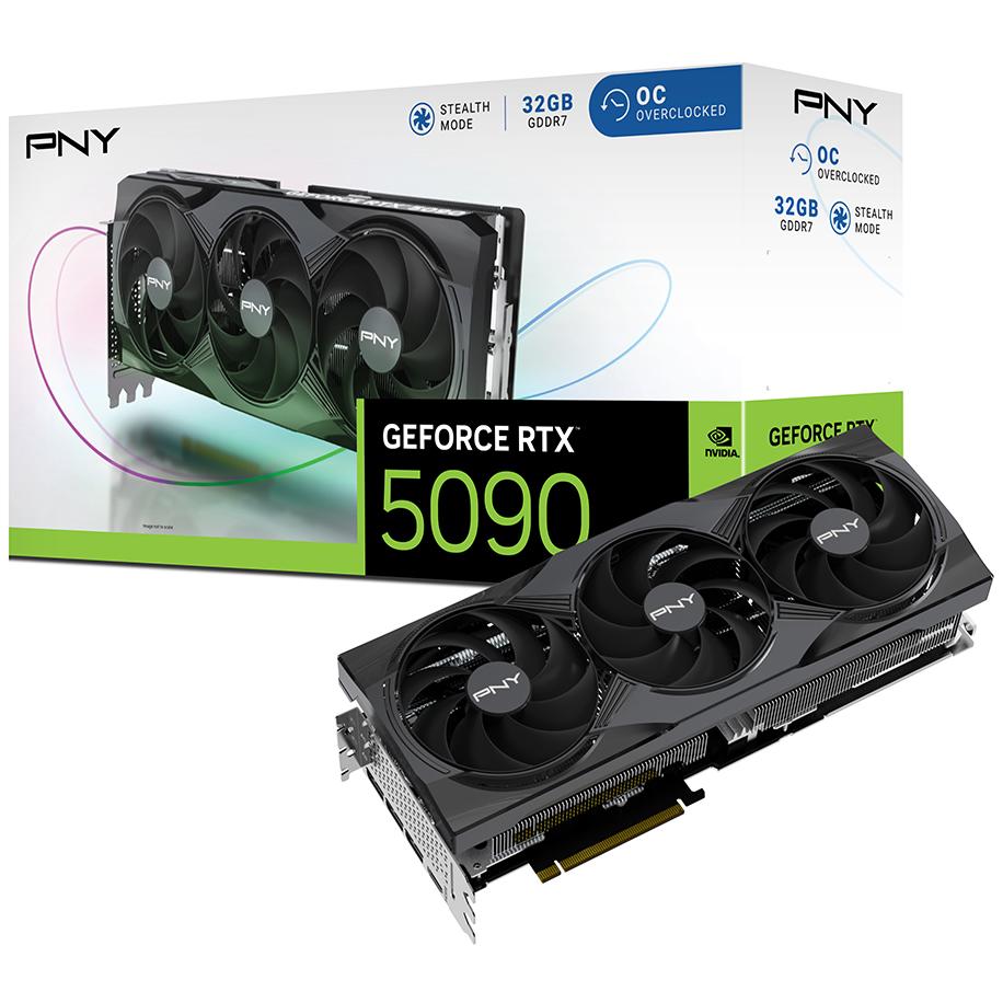 A large main feature product image of PNY GeForce RTX 5090 Triple Fan OC 32GB GDDR7