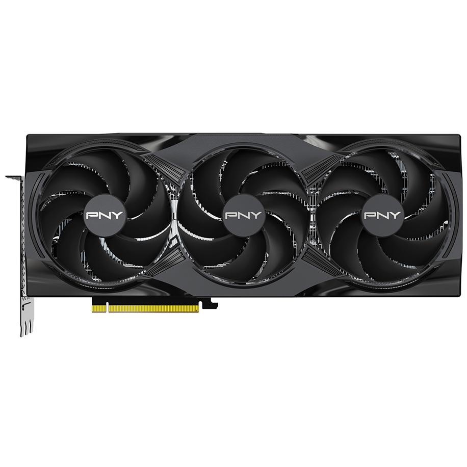 A large main feature product image of PNY GeForce RTX 5090 Triple Fan OC 32GB GDDR7