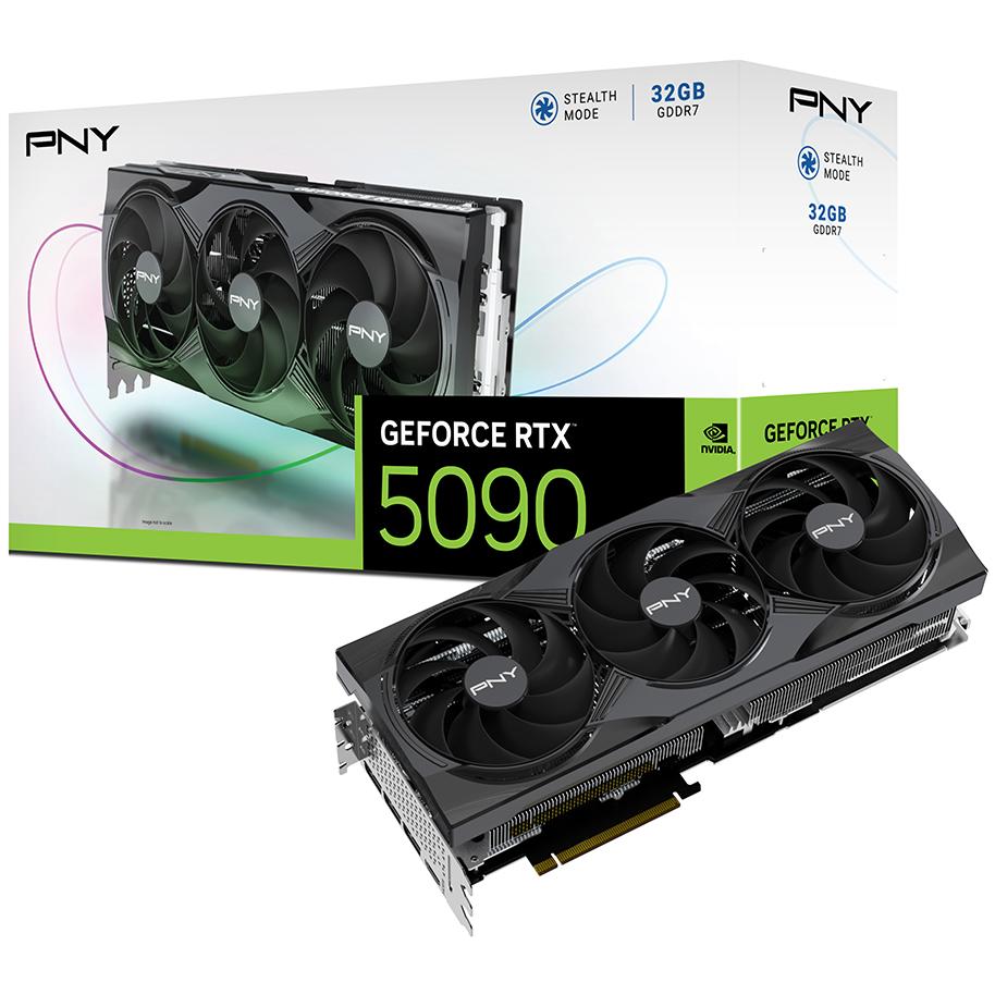 A large main feature product image of PNY GeForce RTX 5090 32GB GDDR7