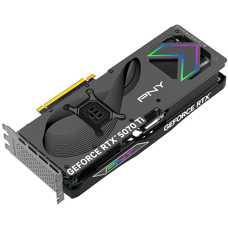 A large main feature product image of PNY GeForce RTX 5070 Ti ARGB OC 16GB