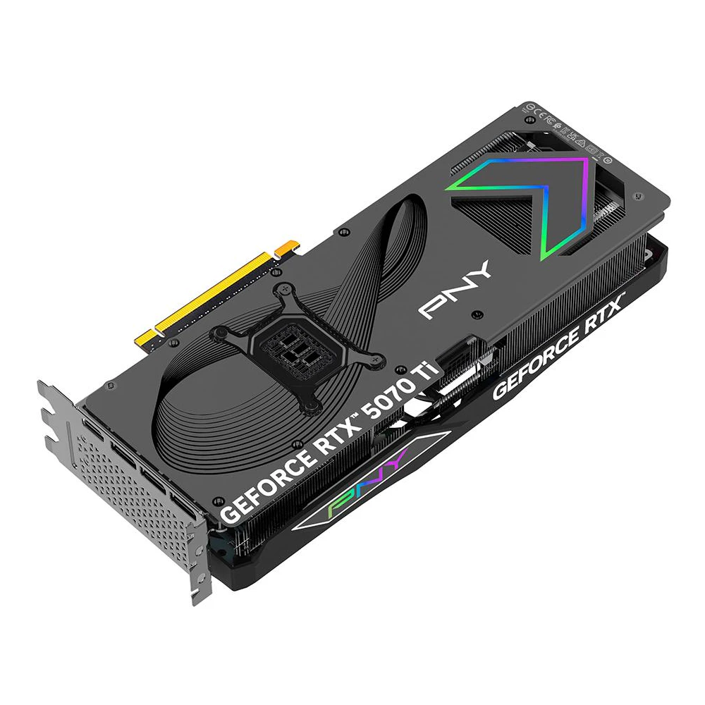 A large main feature product image of PNY GeForce RTX 5070 Ti ARGB OC 16GB