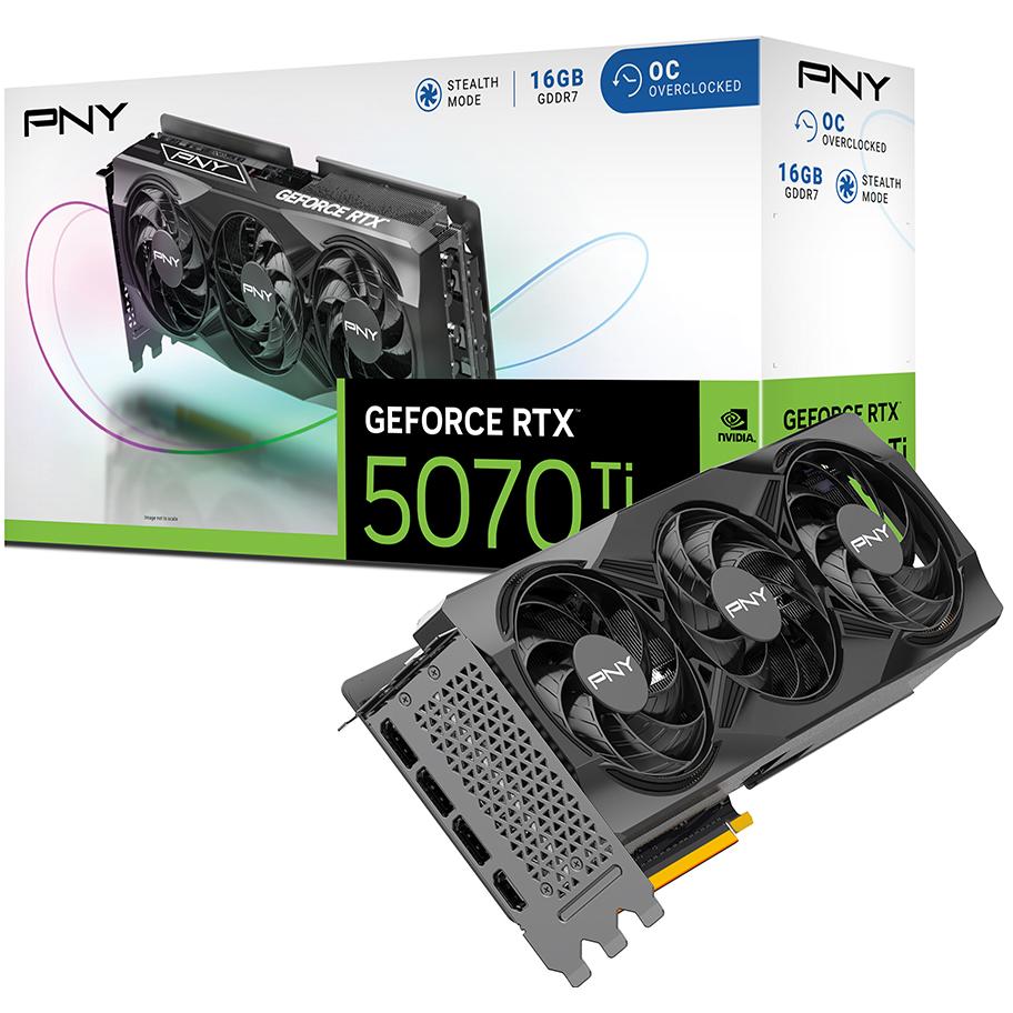 A large main feature product image of PNY GeForce RTX 5070 Ti OC 16GB GDDR7